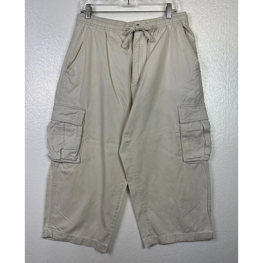 OP Ocean Pacific Cargo Capri Pants Womens M Beige Drawstring Stretch Waist Y2K